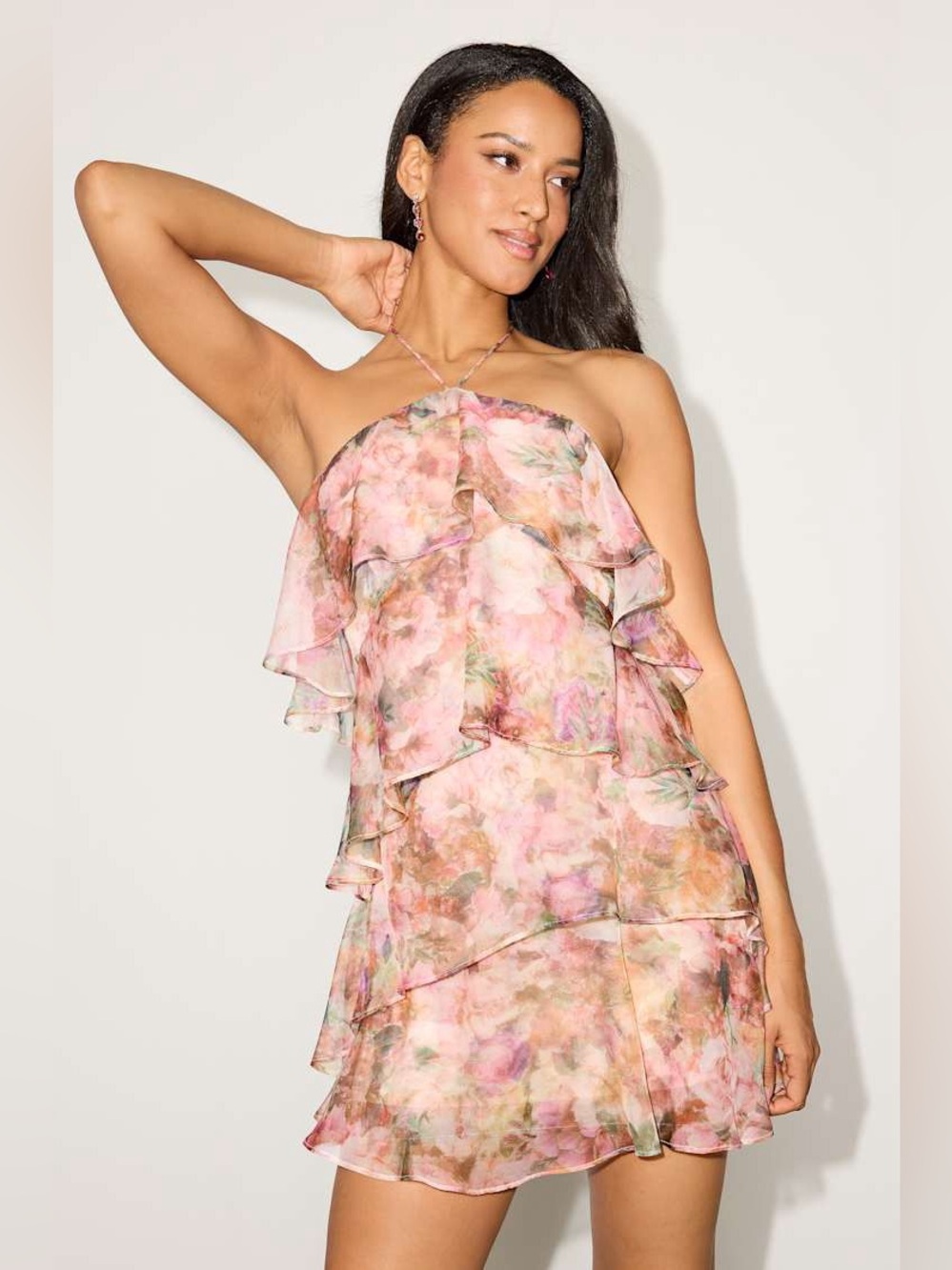 Lulus Melody Pink Multi Floral Tiered Halter Mini Dress New with Tags Medium
